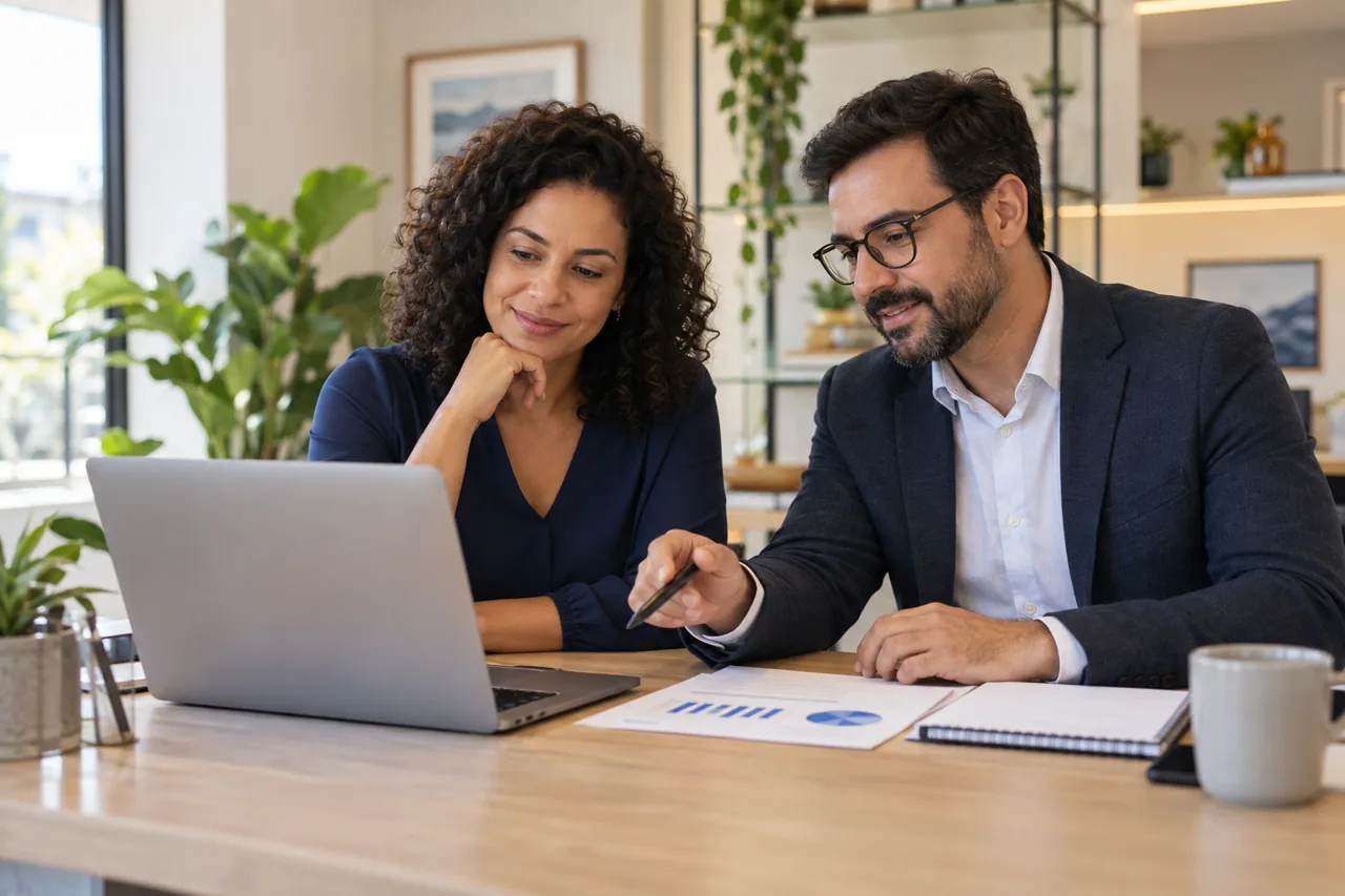Cena ilustrativa de uma empresária e um contador analisando informações no notebook