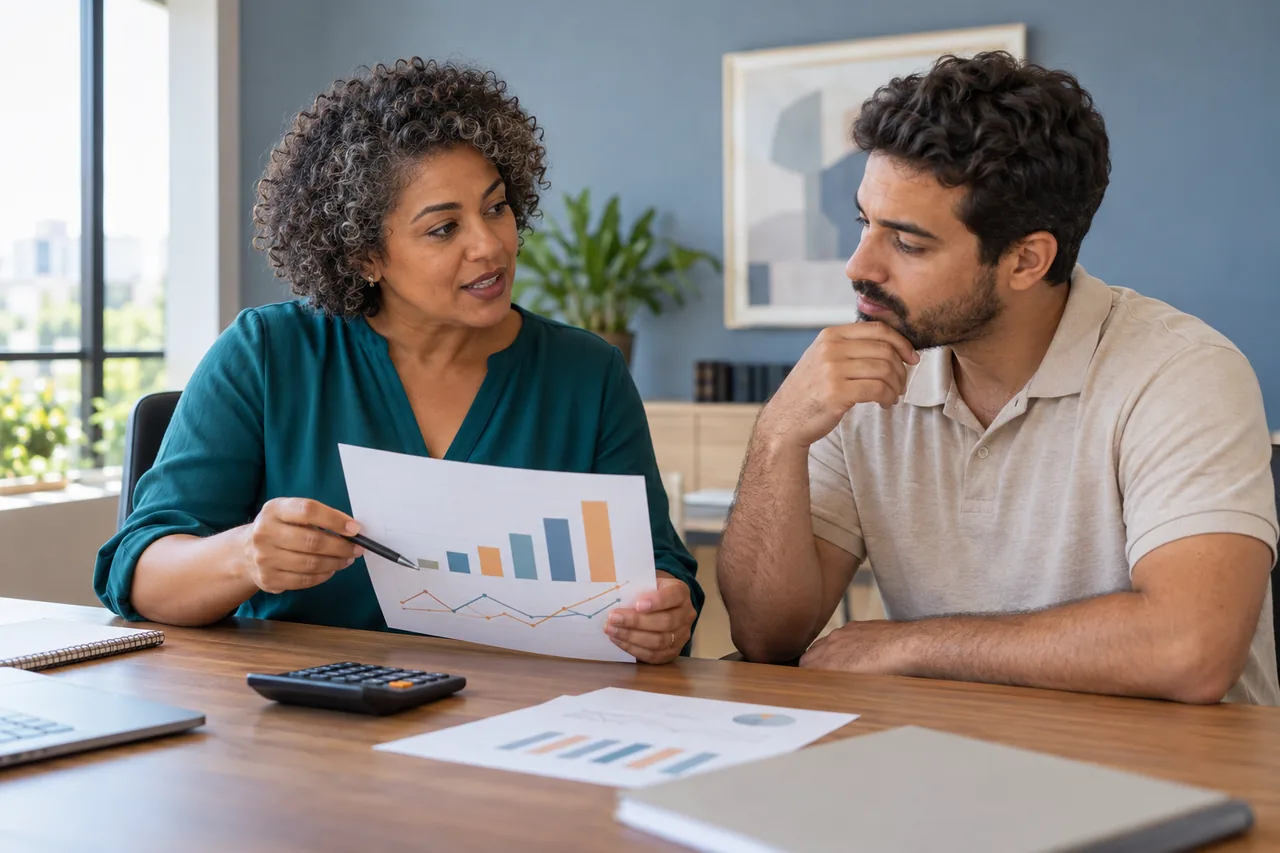 Cena ilustrativa de uma consultora explicando análises financeiras a um cliente